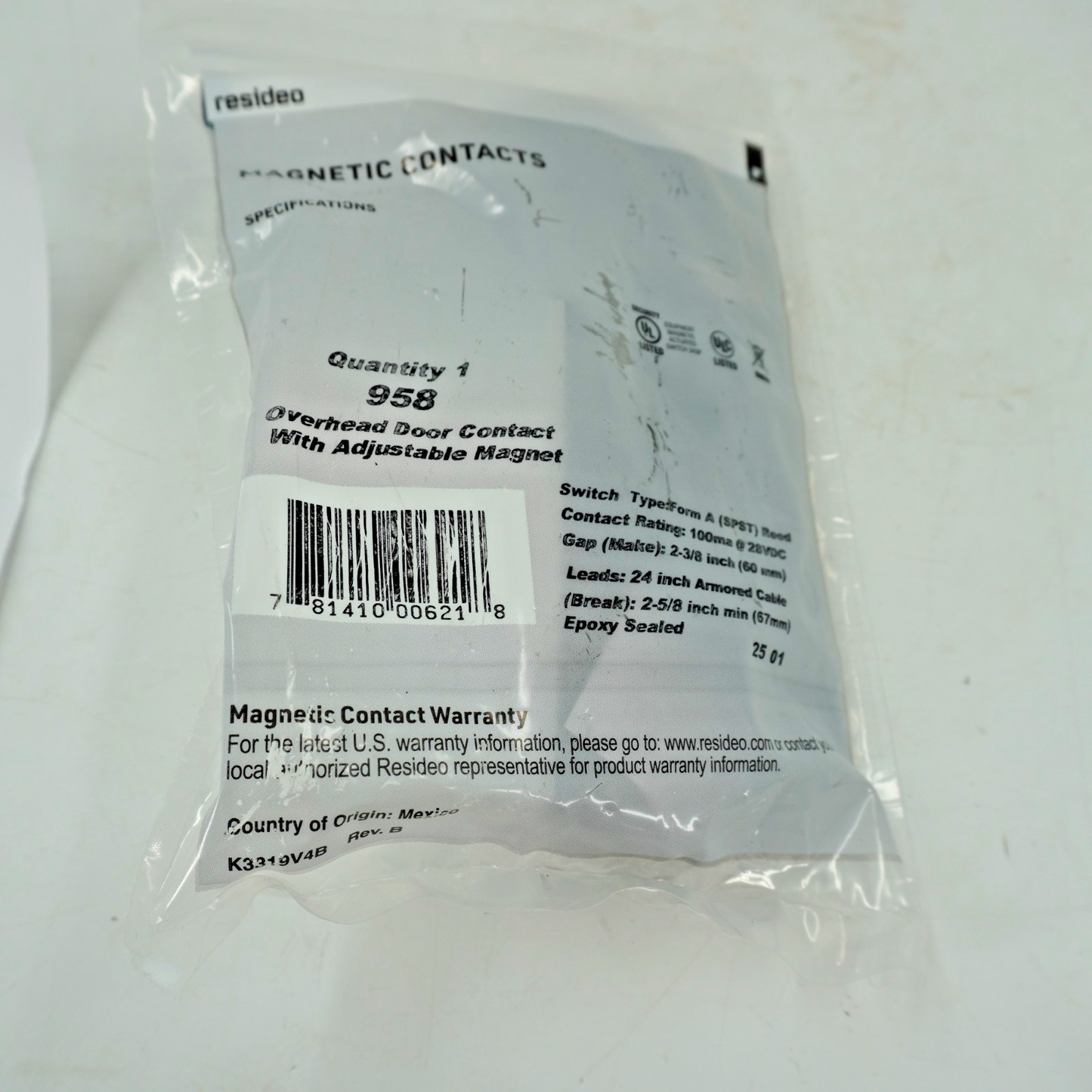 RESIDEO #958 OVERHEAD DOOR CONTACT W ADJUSTABLE MAGNET