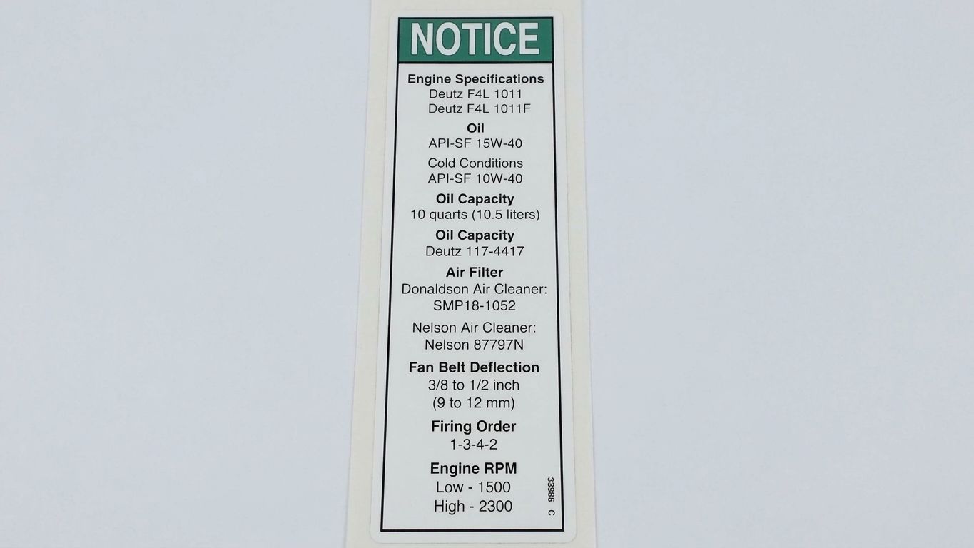 DECAL, NOTICE, DEUTZ ENG SPEC