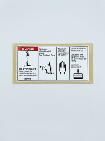 DECAL, DANGER, MAX CAPACITY 300LBS, SIDE FORCE 45LBS